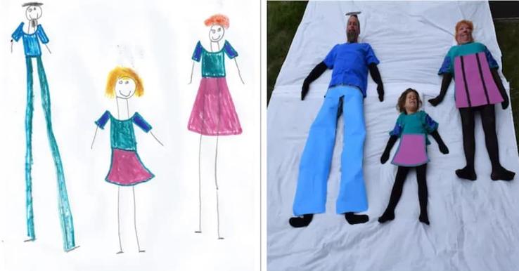 Несколько семей решили воссоздать рисунки своих детей на фотографиях, и получилось очень весело