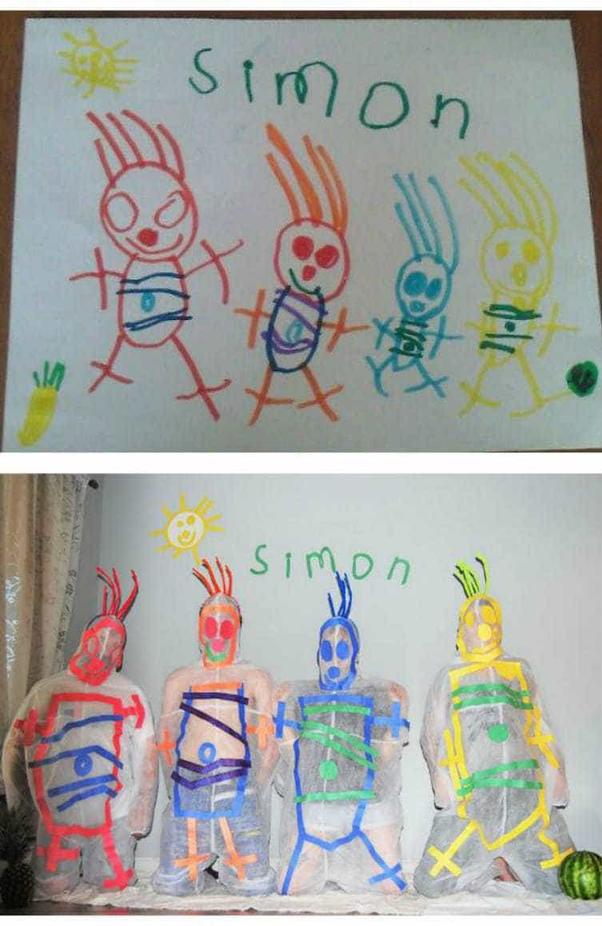 Несколько семей решили воссоздать рисунки своих детей на фотографиях, и получилось очень весело