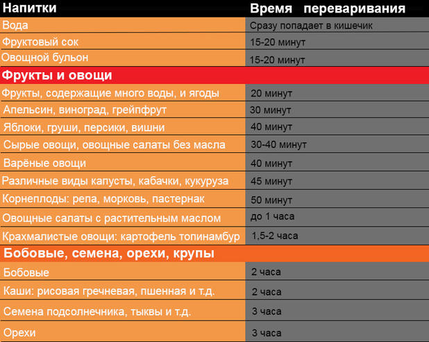 Время, которое требуется для переваривания разных продуктов в организме