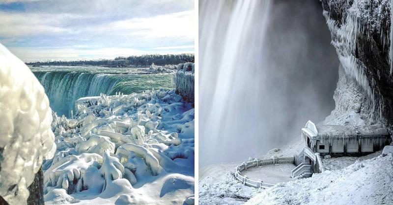 Туристы поделились необычными снимками Ниагарского водопада, который замёрз из за аномальных морозов