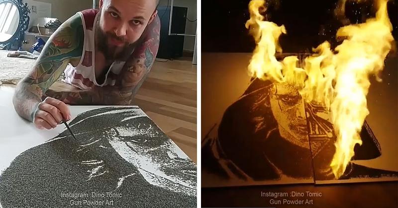 Норвежский художник изображает культовых героев при помощи пороха, а потом поджигает картины. Процесс создания завораживает не меньше, чем процесс горения