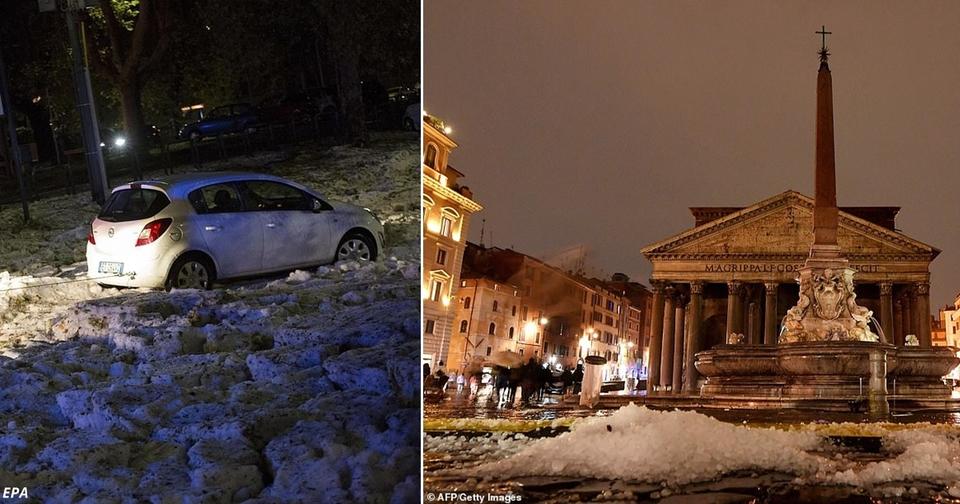 В Риме было +27, а потом его резко завалило снегом и льдом. Вот фото этого кошмара И это юг!