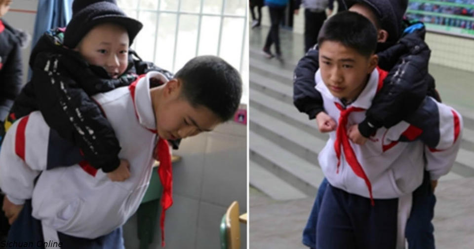 12 летний школьник уже 6 лет подряд носит друга инвалида на своей спине