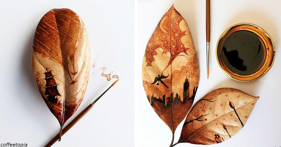 Из остатков утреннего кофе парень рисует картины на листьях, и это волшебно