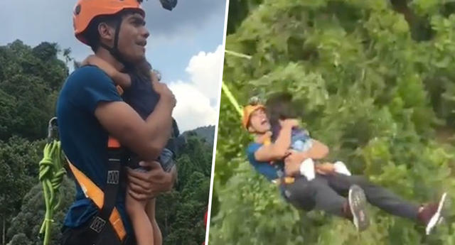 Папаша прыгнул на тарзанке со своей 2-летней дочерью на руках