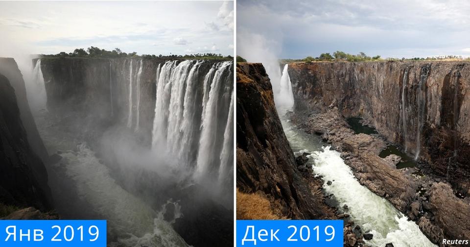 Шокирующие фото крупнейшего водопада Виктория, который почти пересох