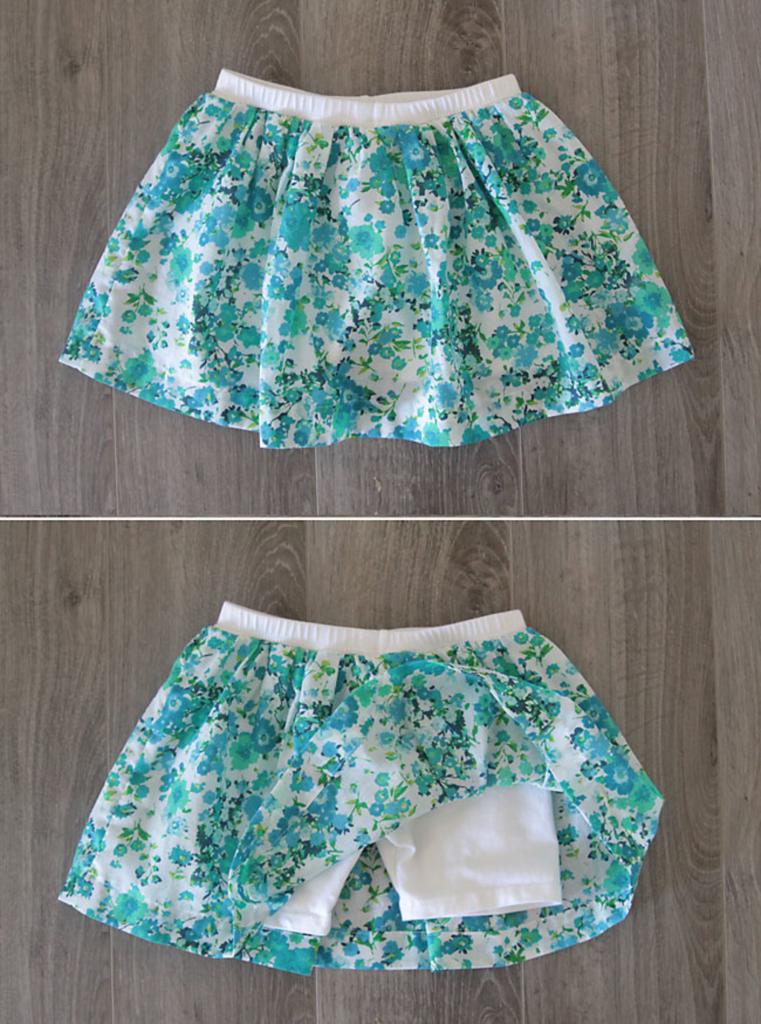 Как сшить для девочки удобную юбку-шорты простым способом. Нужны трикотажные шортики и отрез красивой ткани